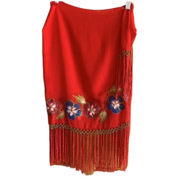 Women’s Red Floral Fringe Wrap Skirt  Swimsuit Cover-Up - Picture 1 of 13